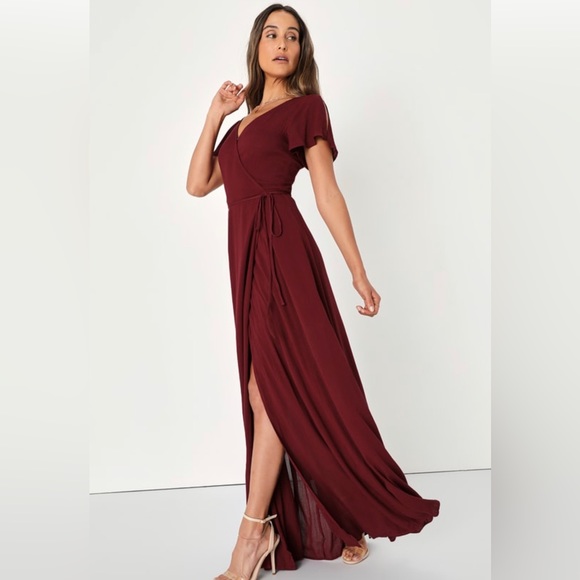 Lulu’s Heart of Marigold Burgundy Wrap Dress - Picture 2 of 4